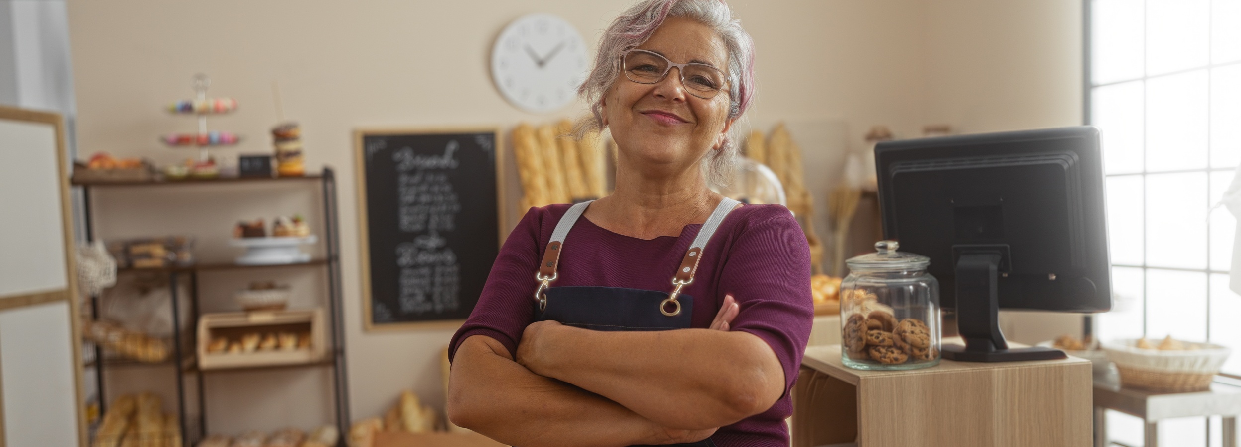 Das Bild zeigt eine stolze Ladenbesitzerin in ihrer Bäckerei, die mit verschränkten Armen und einem Lächeln in die Kamera blickt.

Im Detail zeigt das Bild eine ältere Frau mit grauen Haaren und Brille, die in einem Bäckerladen steht. Sie trägt eine bordeauxfarbene Bluse und eine dunkelblaue Schürze mit Trägern. Ihre Arme sind vor der Brust verschränkt, und sie lächelt selbstbewusst in die Kamera. Im Hintergrund sind Regale mit Backwaren wie Brot, Kuchen und Gebäck zu sehen. Eine Tafel mit der Aufschrift "Bread" (Brot) und einer Liste von Backwaren ist ebenfalls zu sehen. Eine Uhr hängt an der Wand. Auf der rechten Seite des Bildes befindet sich eine Kasse mit einem Monitor und einem Glas mit Keksen. Die Atmosphäre ist warm und einladend, und die Stimmung ist positiv und selbstsicher.